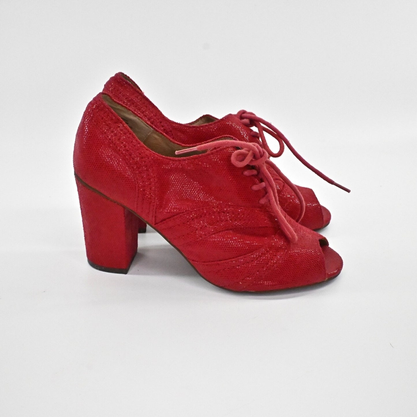 SEYCHELLES Womens Eternity Peep Toe Oxford Heels Sz 6 Red Shimmer Lace Up Retro
