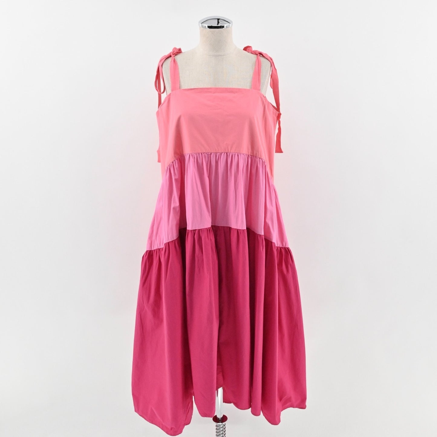 PETER SOM Pink Color Block Dress Size 10 Three Tier Sleeveless Tie Shoulder Midi