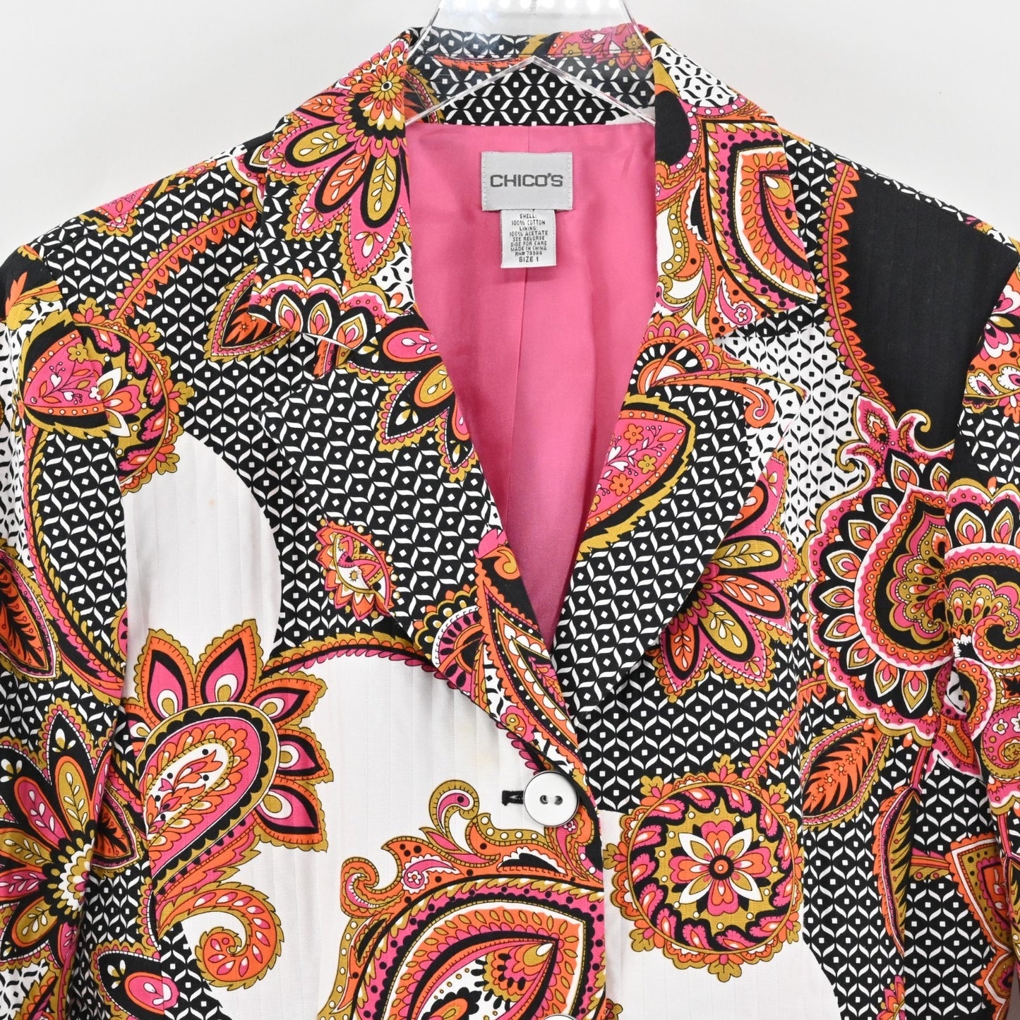 CHICOS Womens Paisley Blazer Size M Pink Single Breasted Maximalist Jacket Bold