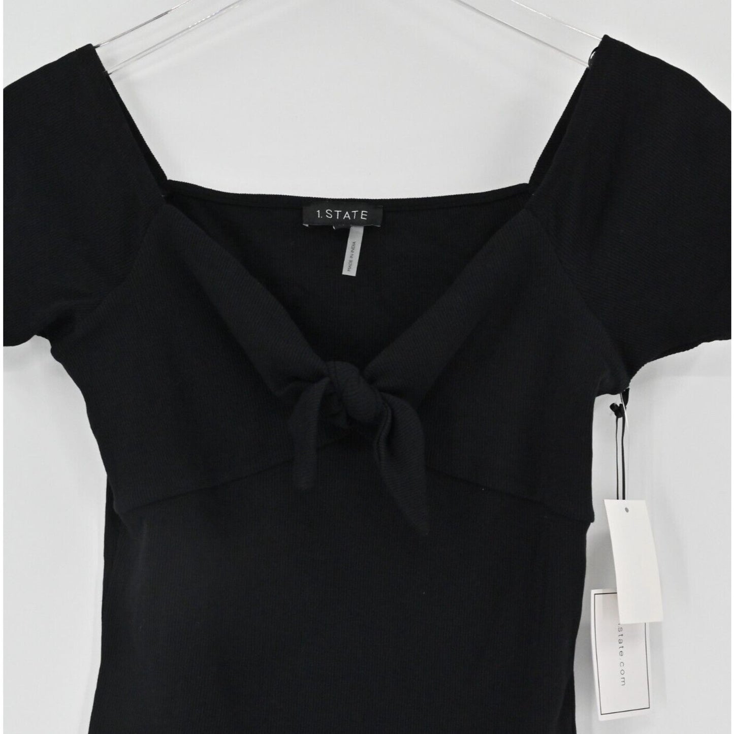 1 STATE Top Womens Size M Black Chic Classic Knotted Front Ribbed Minimalist NEW