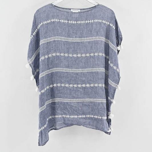 Colors De Opal Womens Linen Tunic OS Chambray White Embroidered Tassel Cover Up