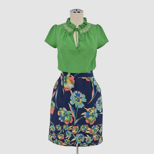 Anthropologie Womens Green Floral Dress Size 2 Elland TABITHA Blouson Tie Neck