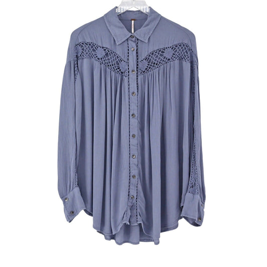 FREE PEOPLE Top Womens Size M Blue Crochet Lace Inset Katie Bird Button Up Boho