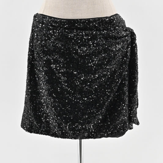 House of Harlow Skirt Size M/L Black Sequin Faux Wrap Side Tie Mini Glam Lined