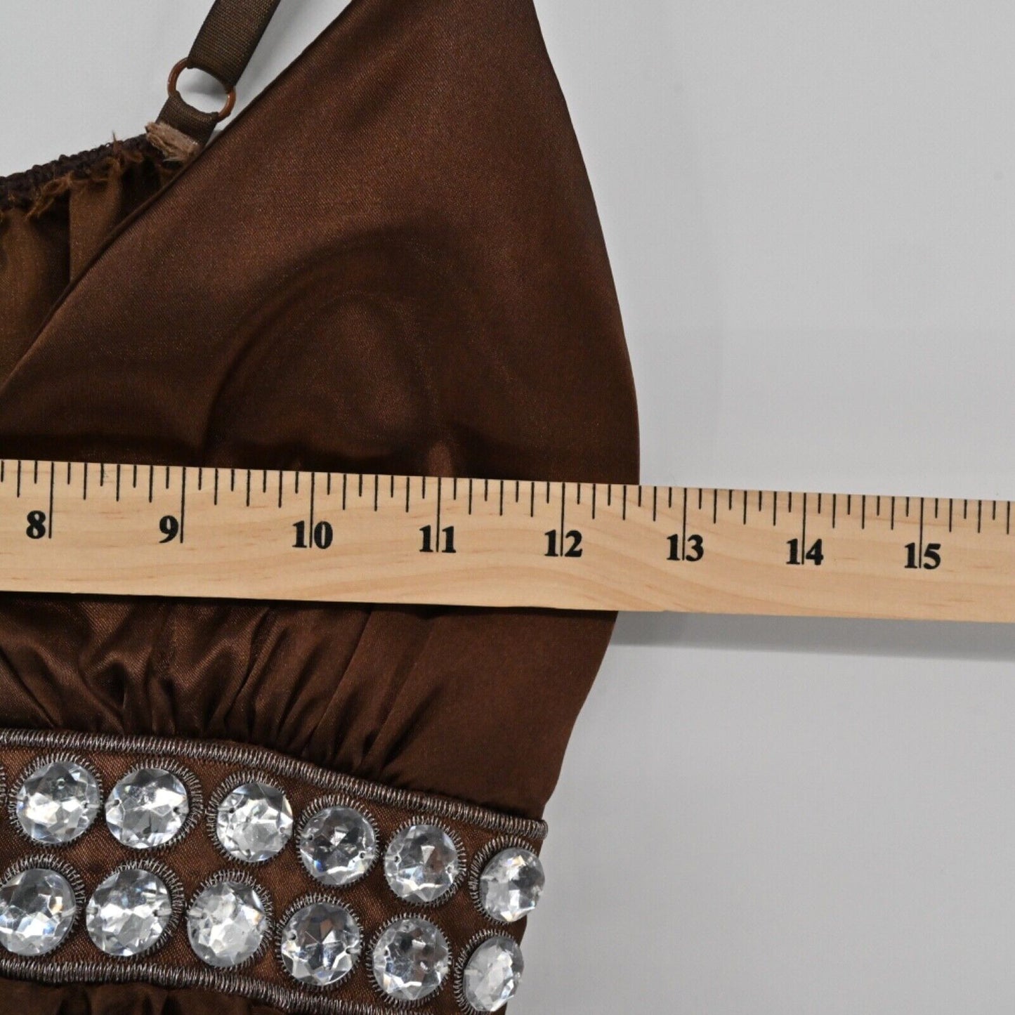 Vtg JANICE Dress Womens Sz S Brown Teal Geometric Satin Jeweled Empire Waist Y2k