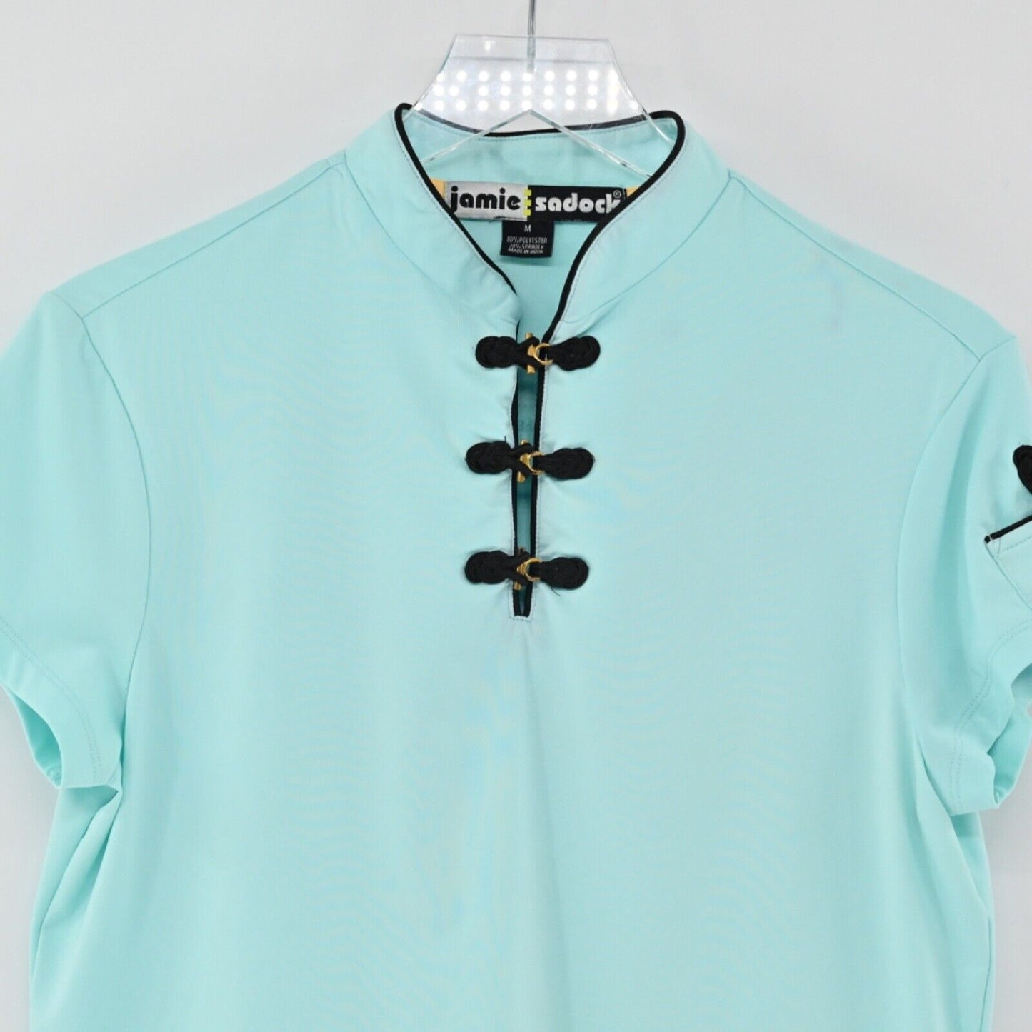 JAMIE SADOCK Top Womens Sz M Blue Mandarin Collar Frog Toggle Short Sleeve Golf