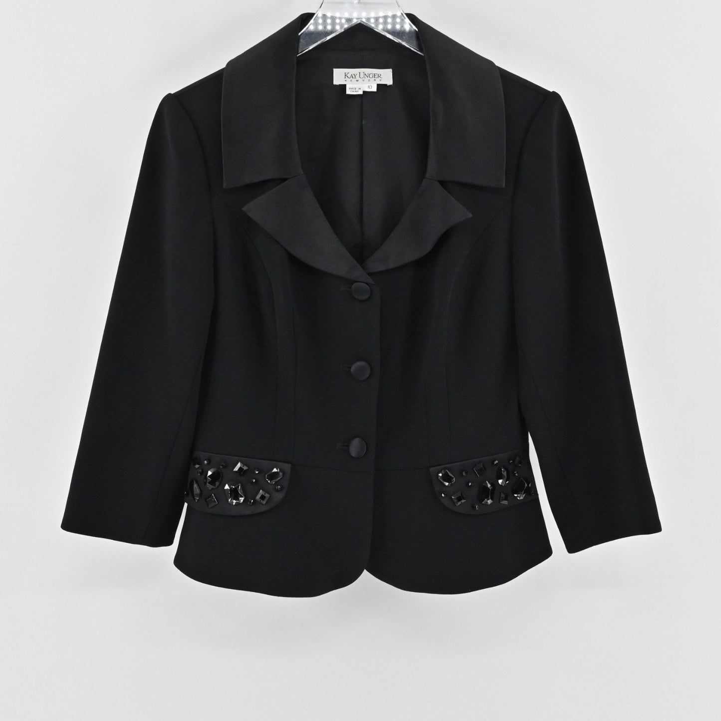 Vtg 90s Kay Unger Womens Embellished Jewel Silk Blazer Sz 10 Black Career Formal