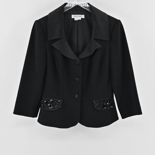 Vtg 90s Kay Unger Womens Embellished Jewel Silk Blazer Sz 10 Black Career Formal