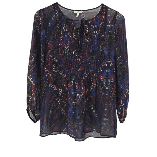 JOIE Top Womens Size XS Blue Paisley Sheer 100% Silk Chiffon Tie Neck 3/4 Sleeve