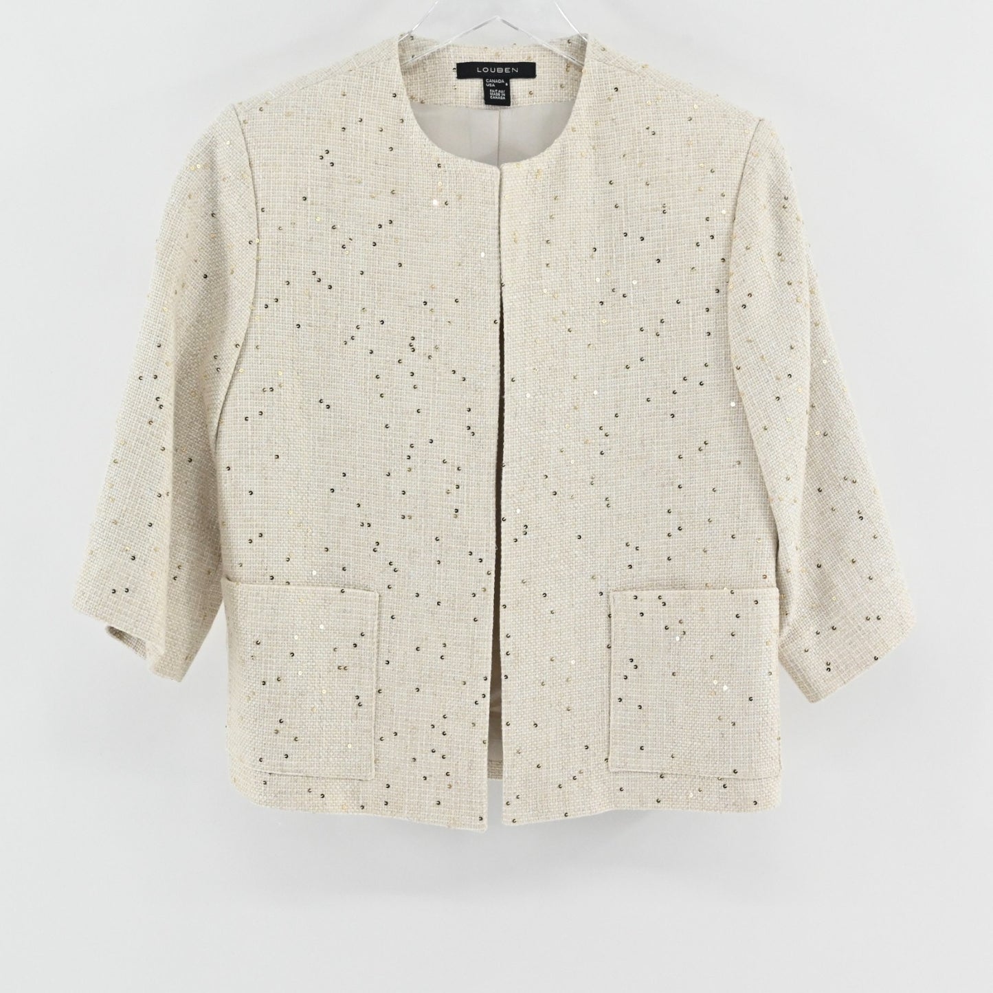 Louben Womens Ivory Gold Tweed Blazer Size 6 Linen Gold Sequin Retro Glam Jacket