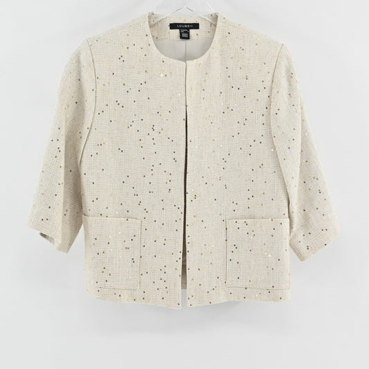 Louben Womens Ivory Gold Tweed Blazer Size 6 Linen Gold Sequin Retro Glam Jacket