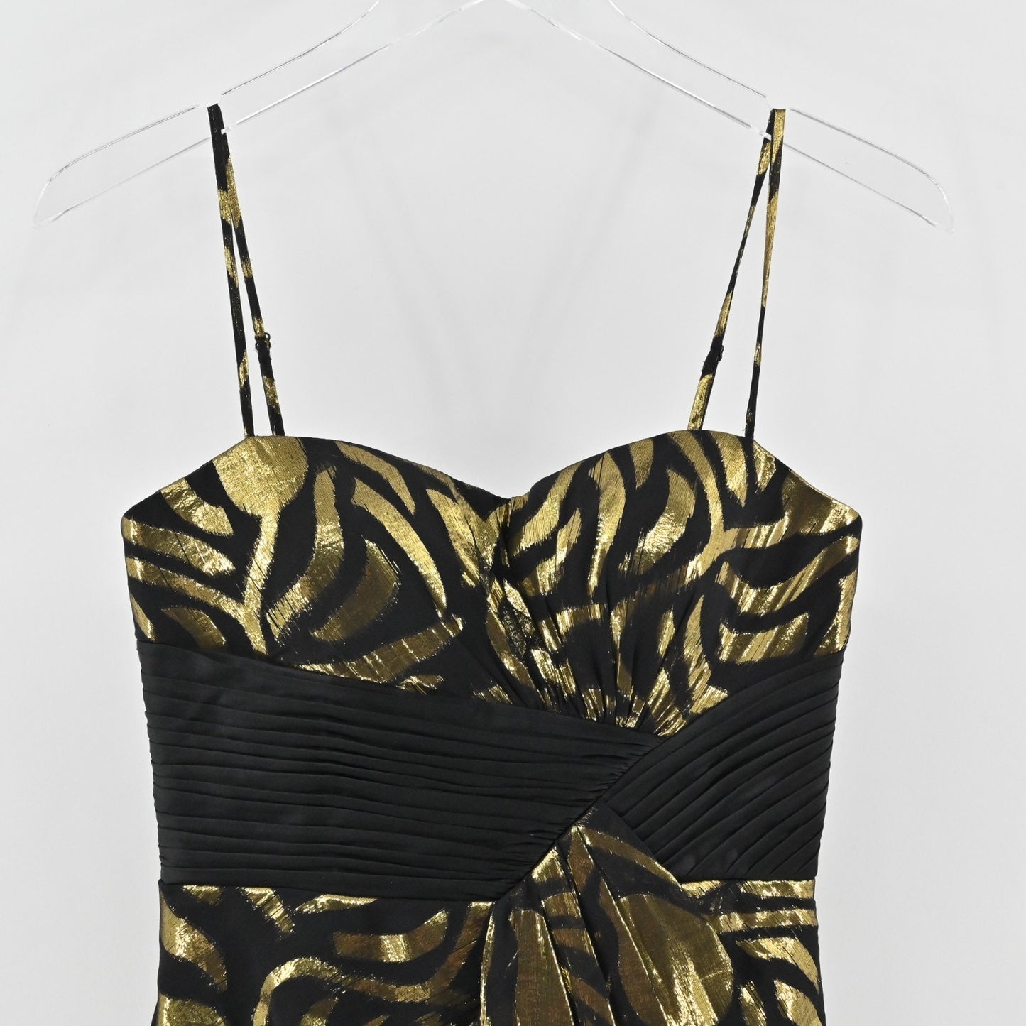 Vtg Y2k Aidan Mattox Silk Metallic Dress Size 2 Gold Black Print Mini Sleeveless