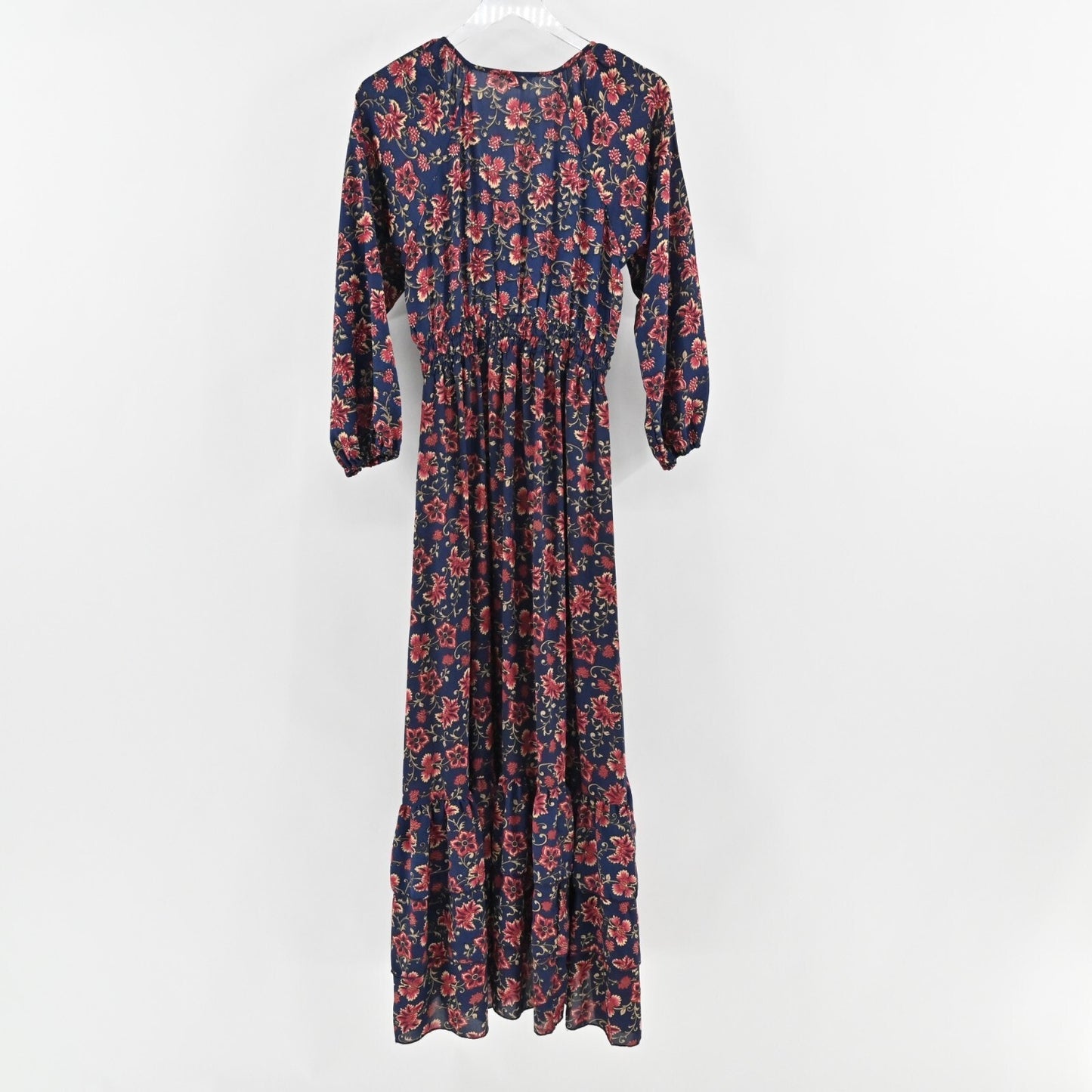 BOEMO Dress Size LP Navy Red Long Sleeve VNeck Tie Waist Floral Print Boho Maxi