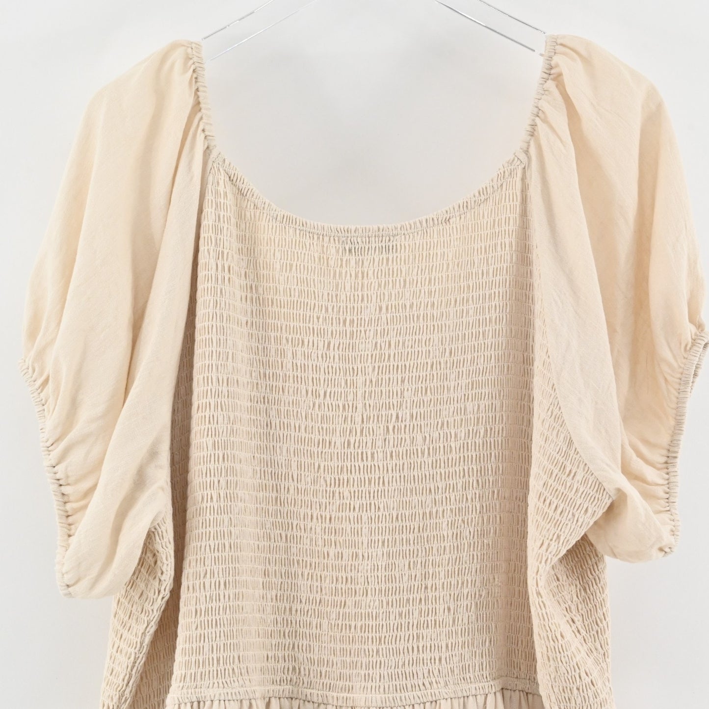 IVY CITY Co Tiered Dress Sz 3X Beige Smocked Scoop Neck Puff Sleeve Stretch Midi