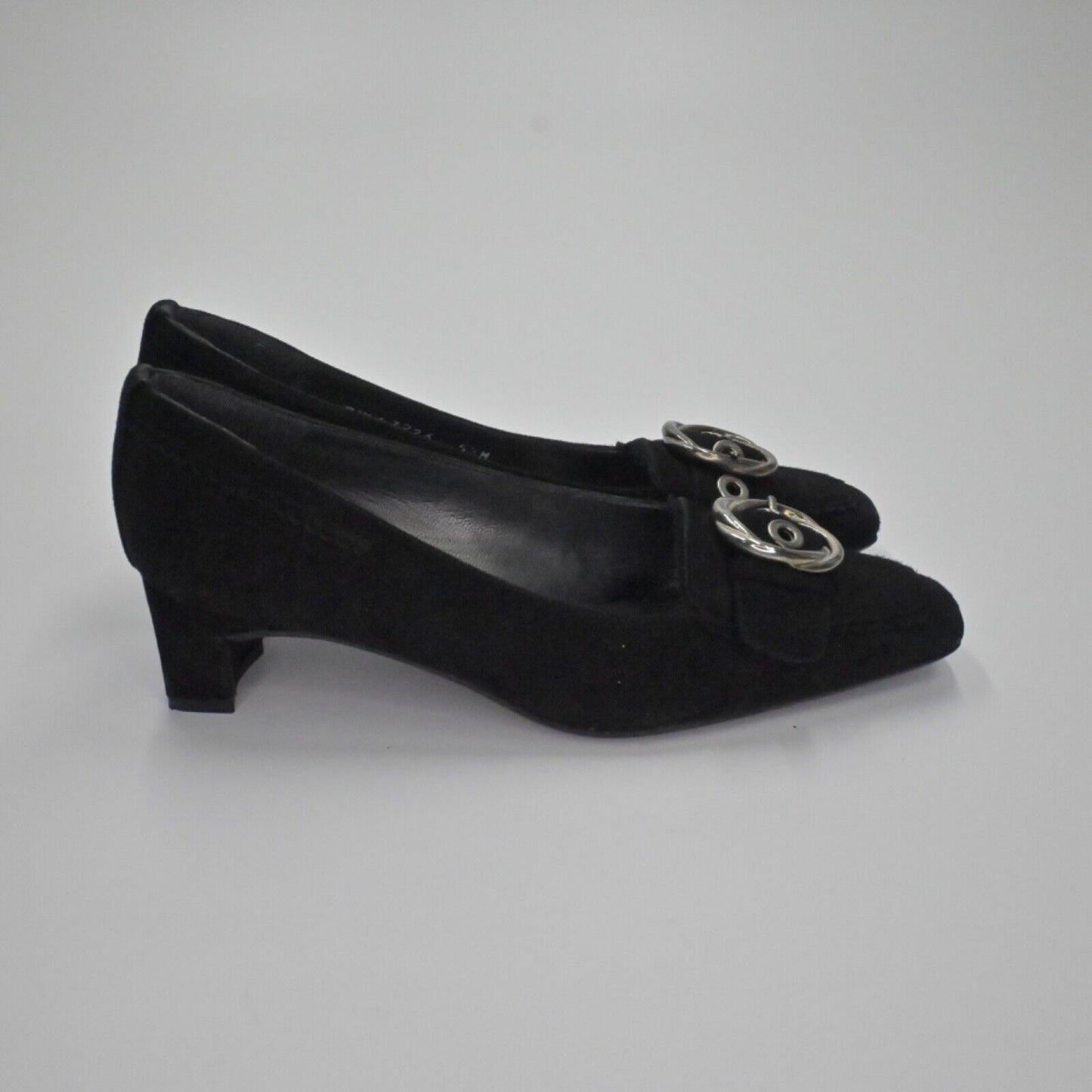 Vtg STUART WEITZMAN Pumps Womens Sz 5.5 Black Suede Buckle Square Toe Block Heel