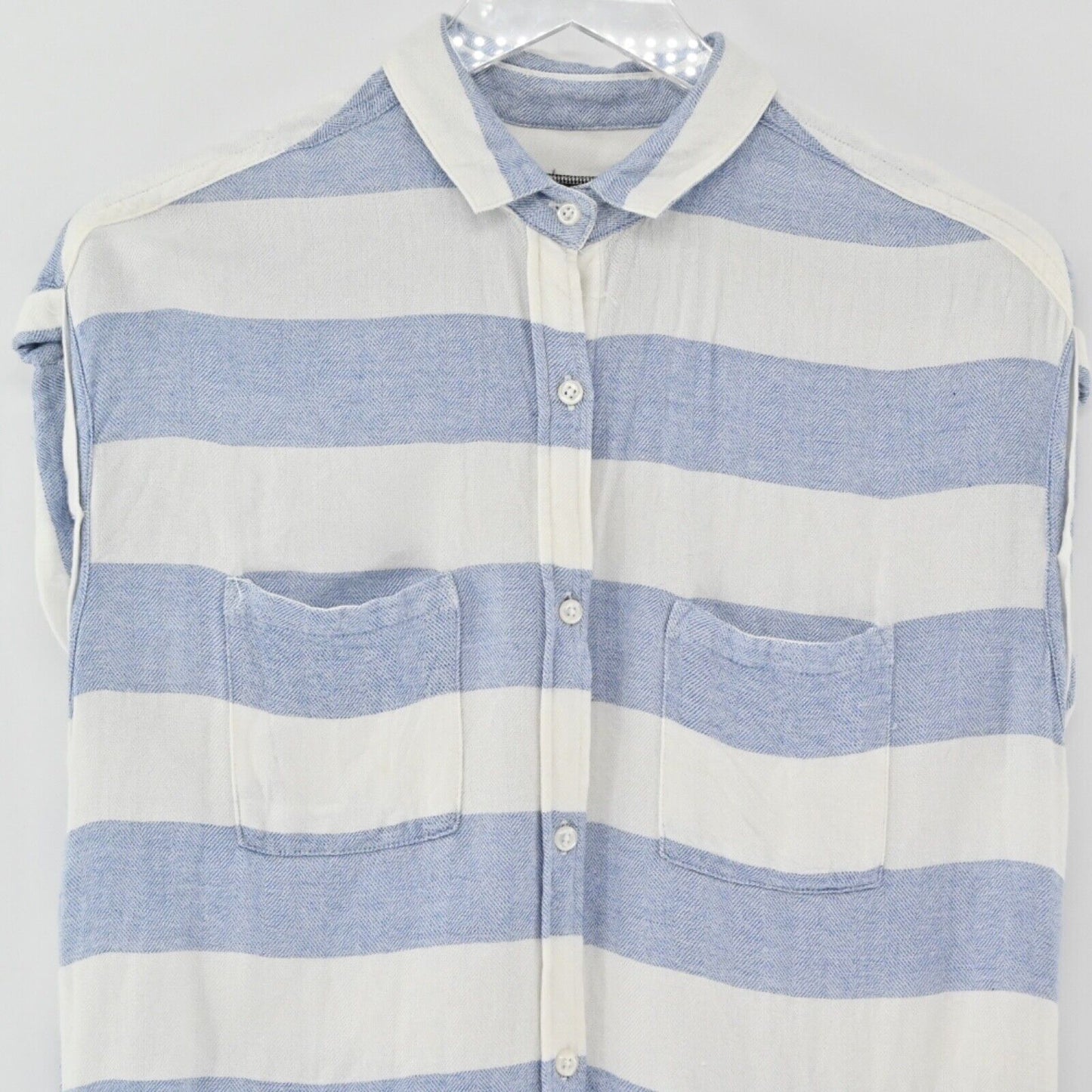 RAILS Top Women Sz XS Blue White Stripe Rolled Cap Sleeve Britt Button Up Beach