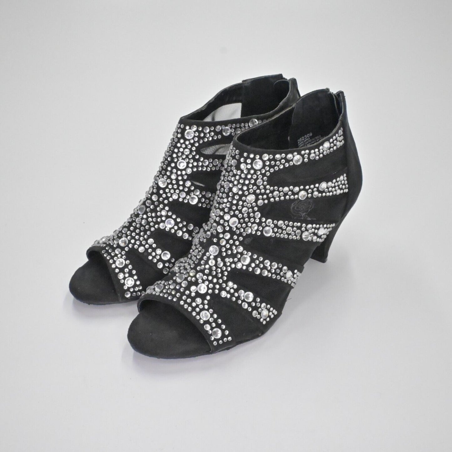 Vtg JOAN BOYCE Heels Womens Sz 7.5 Black Faux Suede Mesh Rhinestone Peep Toe Y2K