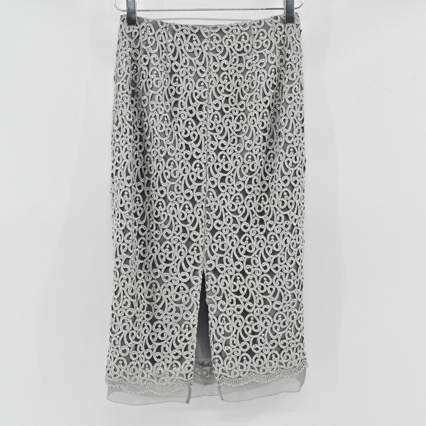 Vtg ANNE KLEIN Lace Pencil Skirt Womens Size 2 Silver Romantic Glamorous Luxe