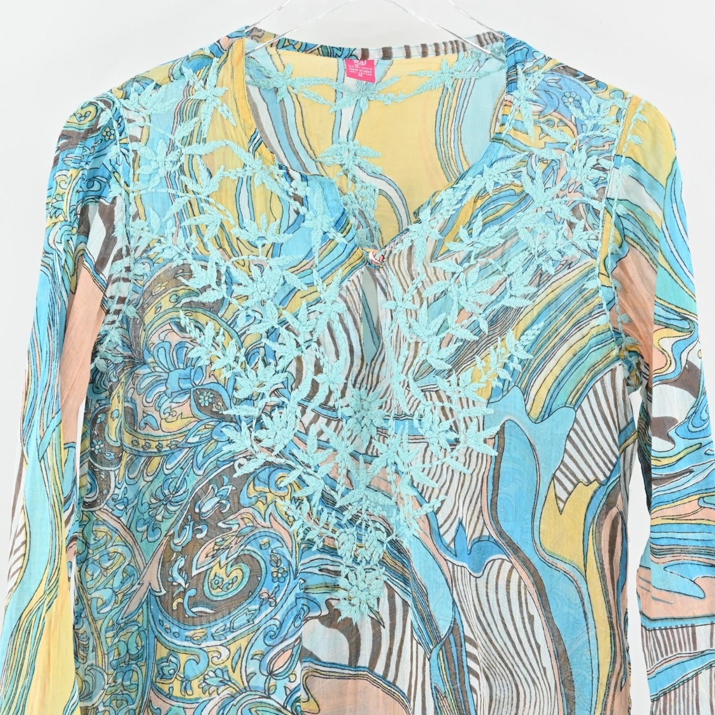RAJ Tunic Dress Size M Blue Embroidered Printed Cotton Relaxed Fit Bohemian