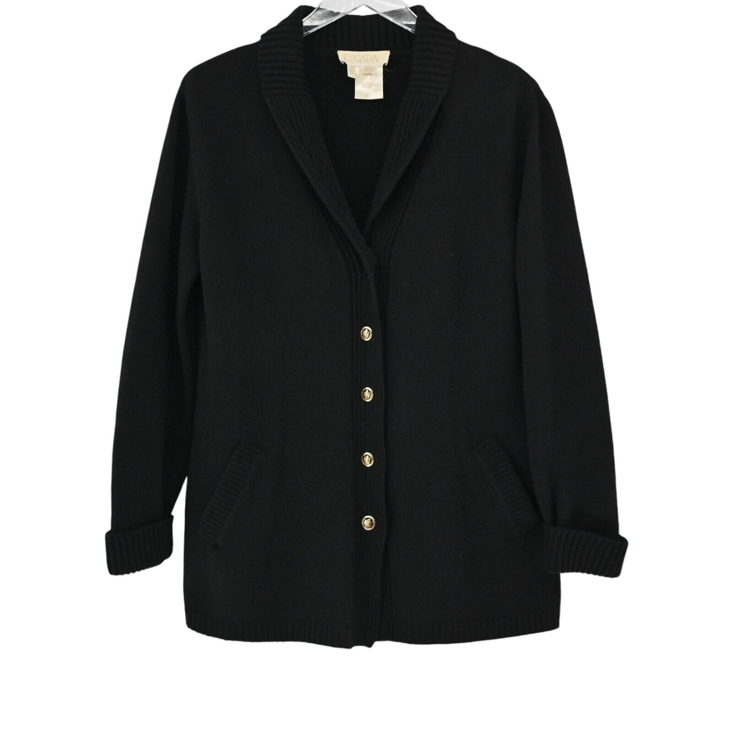 Vtg ESCADA Jacket Womens EUR 40 / M Black Wool Knit Cardigan Gold Button Capsule