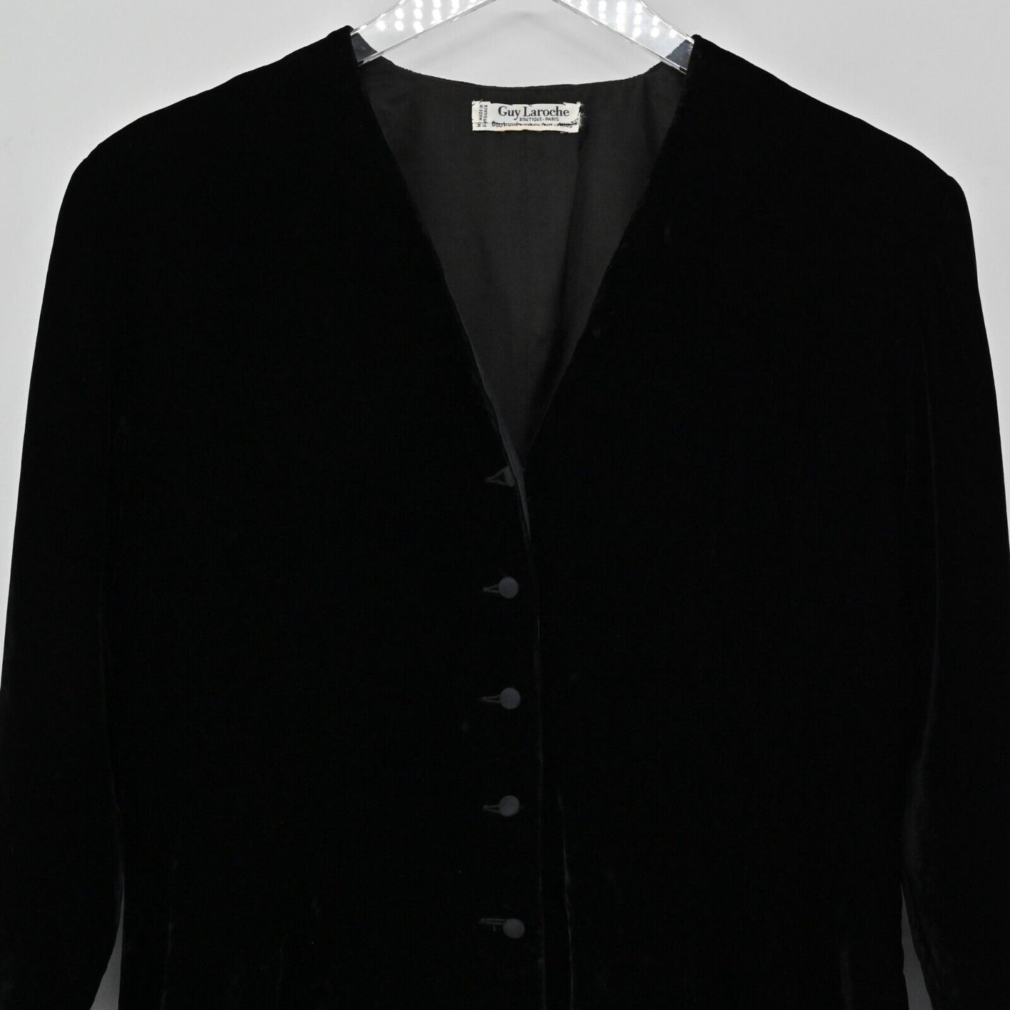 Vtg GUY LAROCHE Dress Womens Size M Long Sleeve Black Velvet Button Front VNeck
