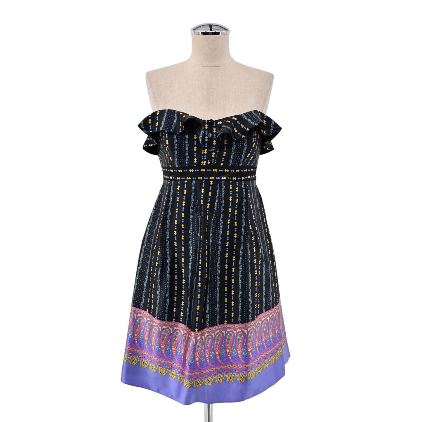 Vtg BETSEY JOHNSON Dress Womens Sz 4 Silk Y2K Strapless Multicolor Print Ruffle