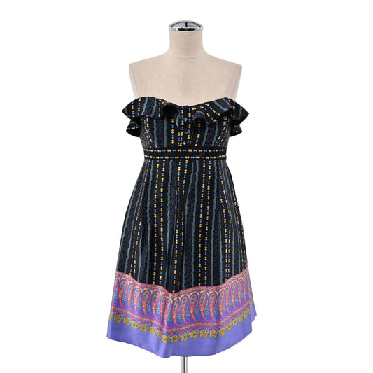 Vtg BETSEY JOHNSON Dress Womens Sz 4 Silk Y2K Strapless Multicolor Print Ruffle