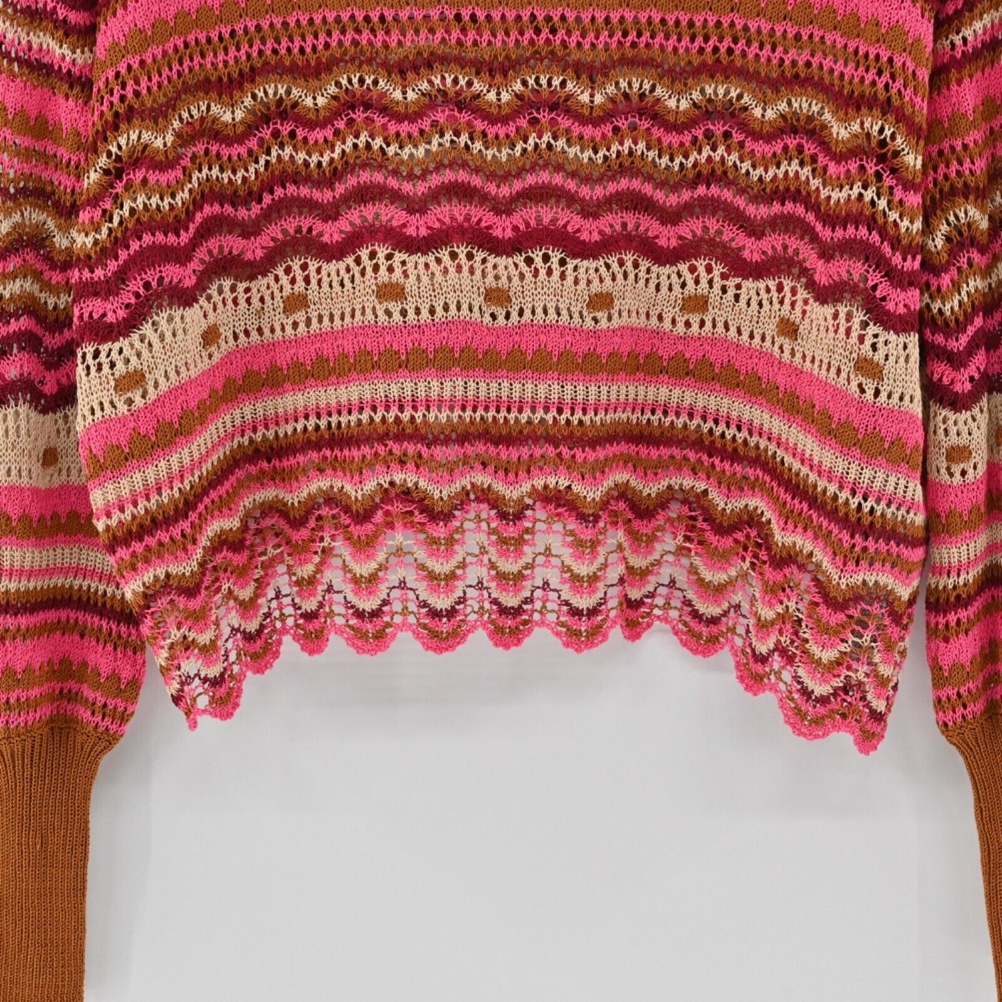 ZARA Sweater Women Sz M Pink Orange Stripe Cotton Blend Open Knit Boat Neck Boho