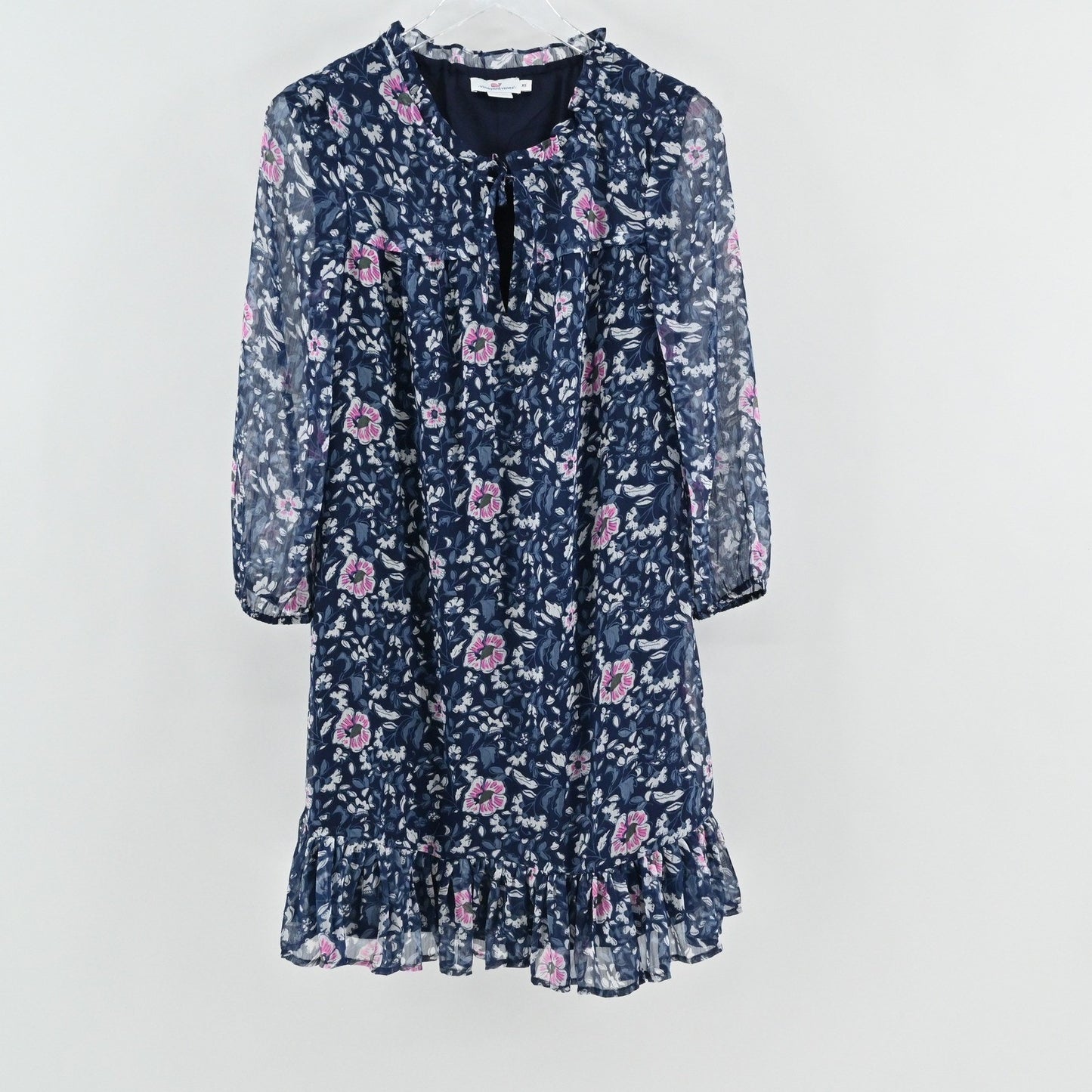 Vineyard Vines Chiffon Floral Dress Size XS Romantic Navy Pink Ruffle Brunch