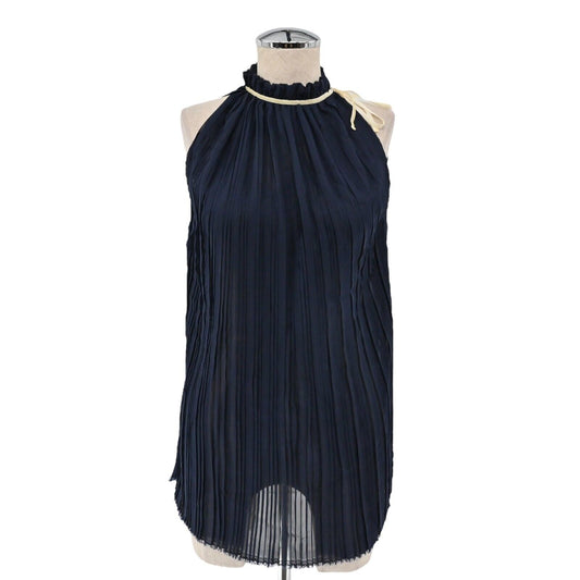 PASCALINE PARIS Top Womens Size M Navy Blue Chiffon Pleated High Neck Bow Halter