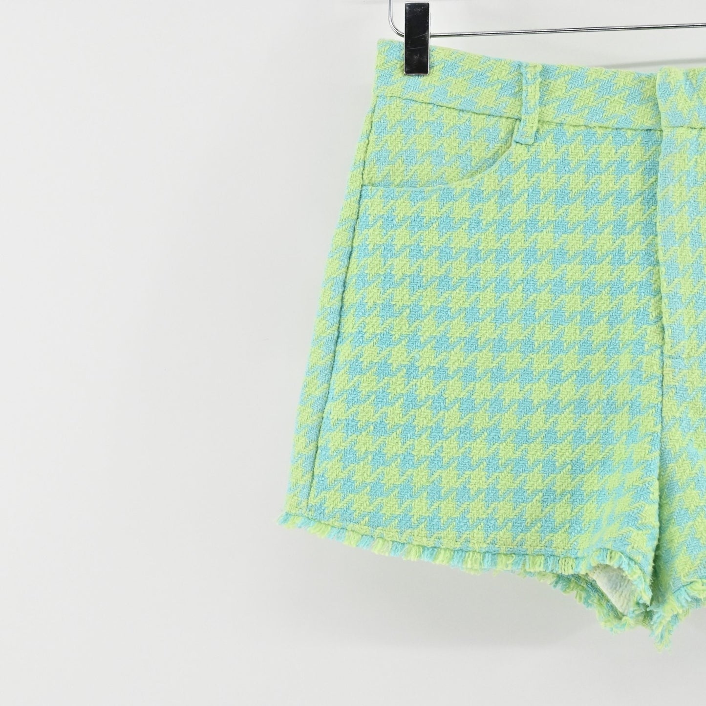 Zara Womens Houndstooth Tweed Frayed Shorts Size S Blue Green High Rise Casual