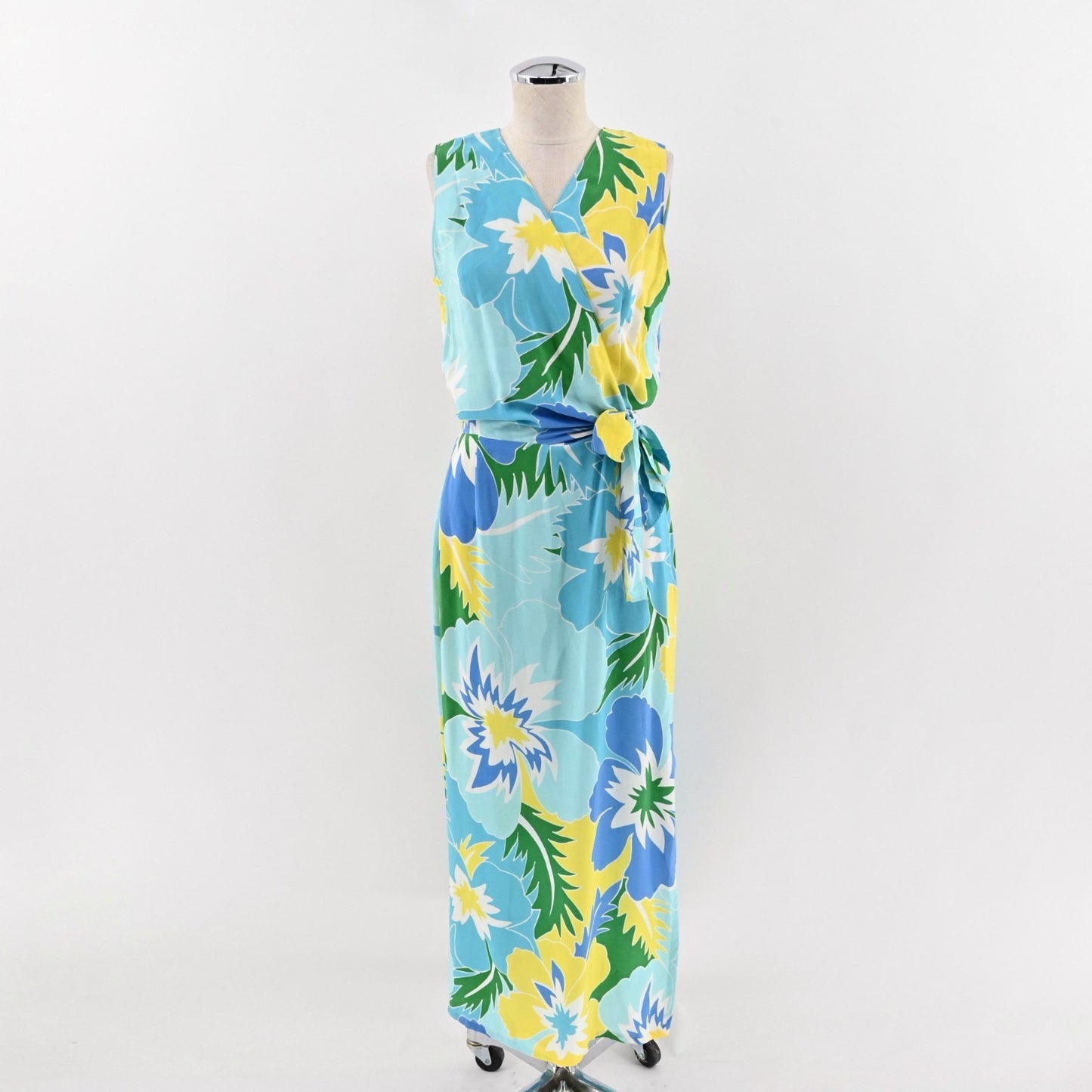 Vtg Maggy London Silk Maxi Dress Size 10 Floral Tropical Print Blue Sleeveless