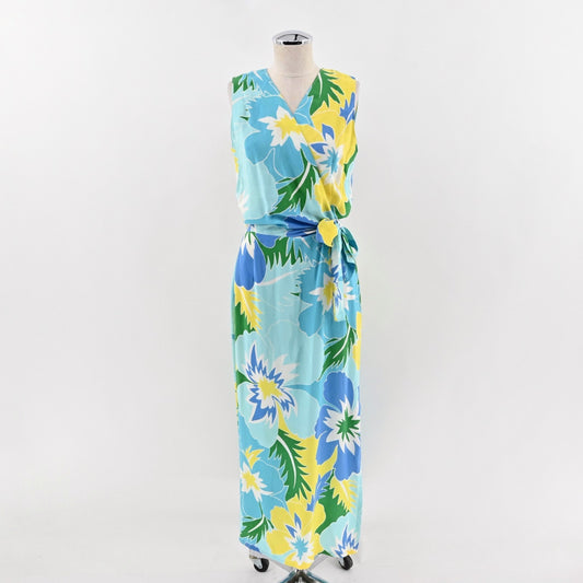 Vtg Maggy London Silk Maxi Dress Size 10 Floral Tropical Print Blue Sleeveless
