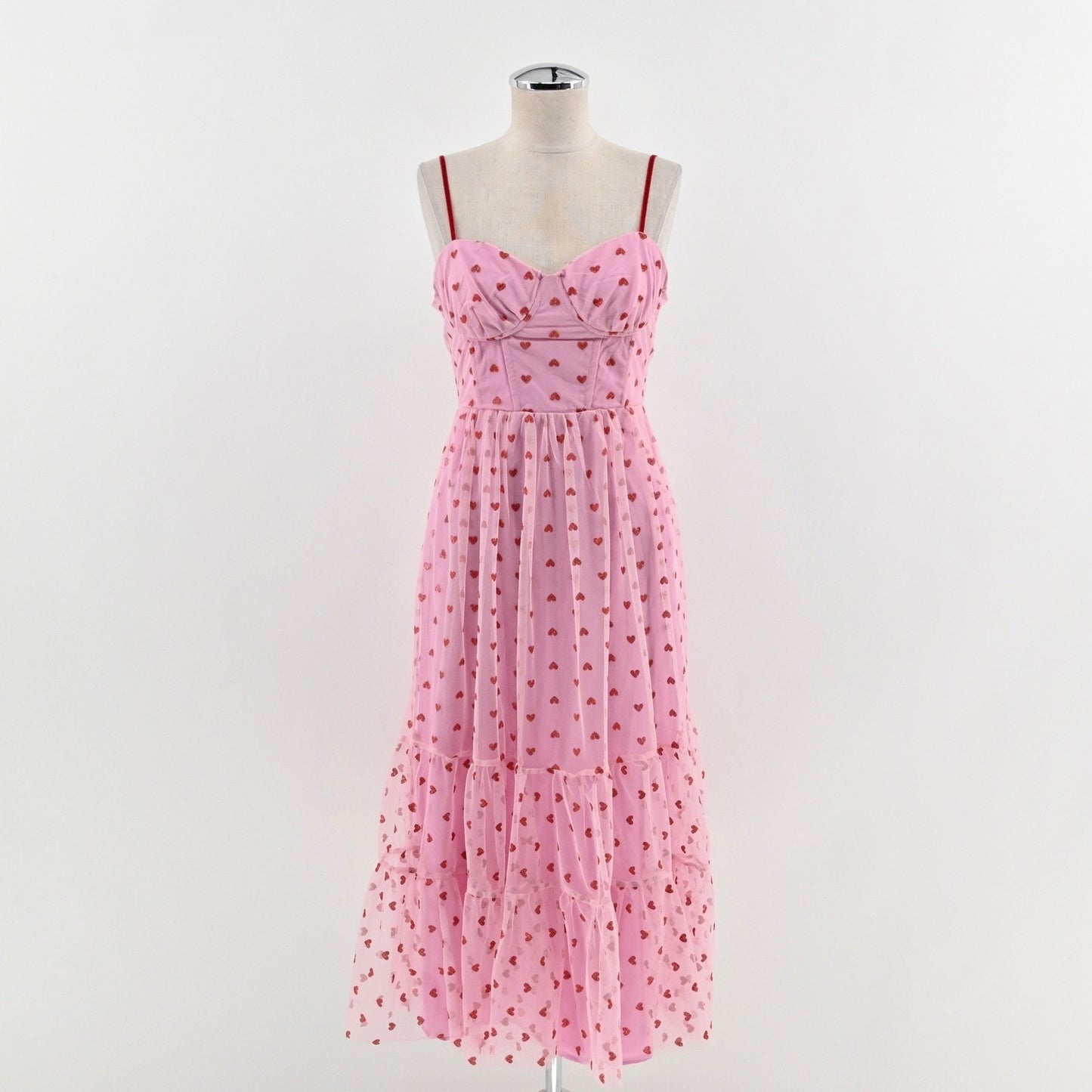 Betsey Johnson Foil Printed Tiered Sweetheart Dress Size 2 Heart Pink Romantic