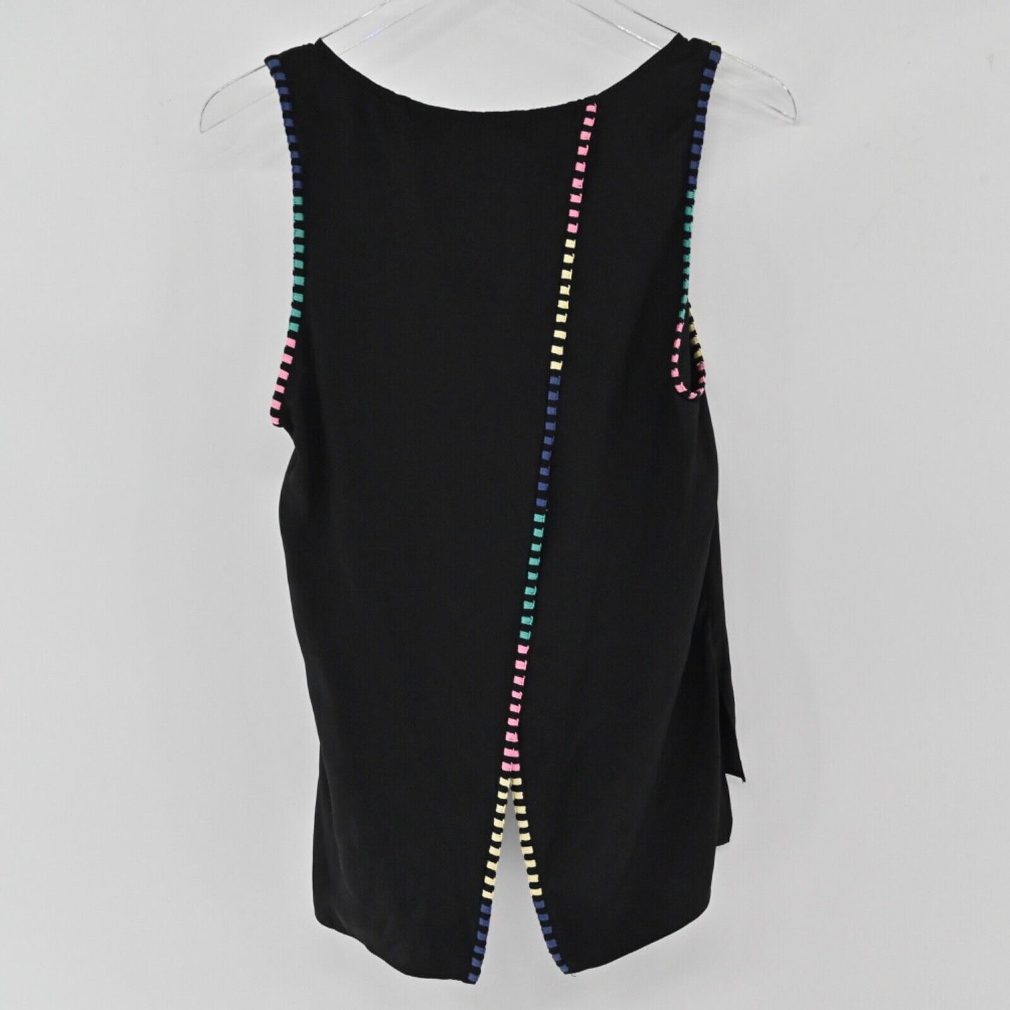 PARKER Top Womens Size XS Black Rainbow Embroidered Stripe Silk Split Back Tank