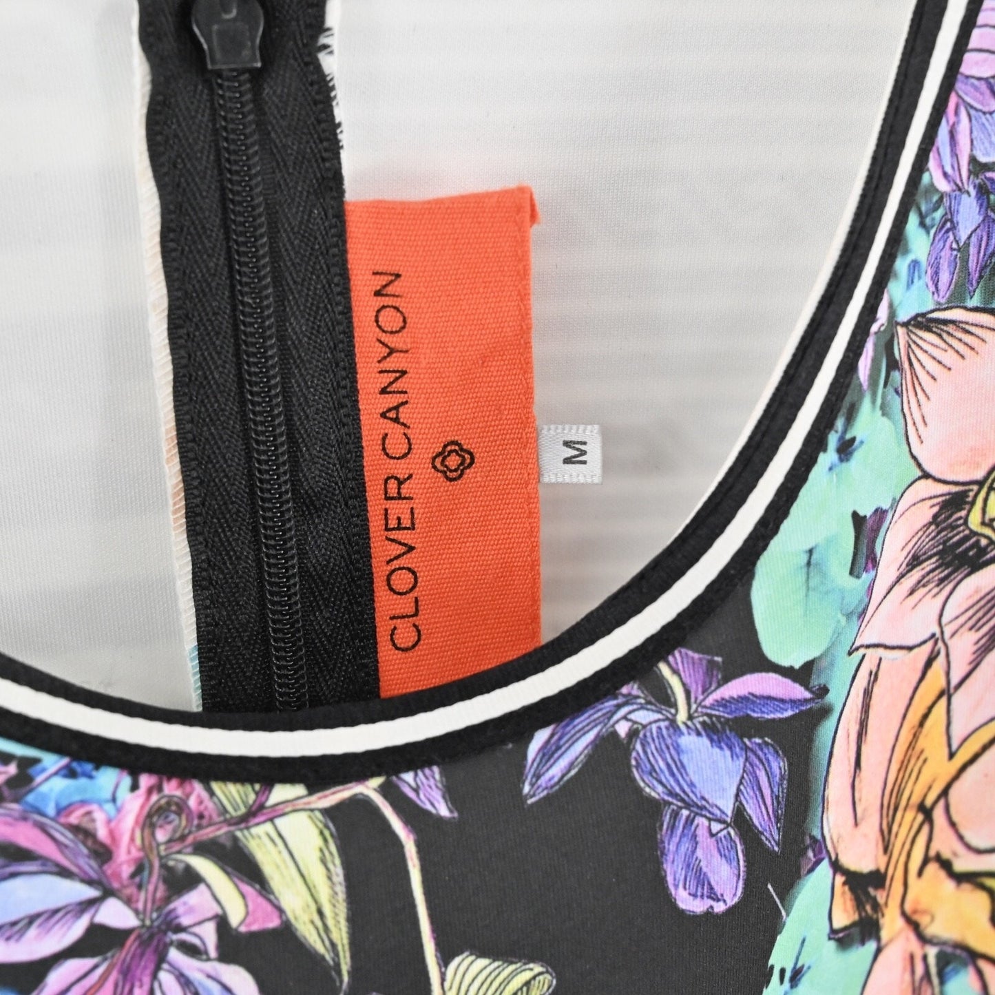 CLOVER CANYON Enchanted Garden Dress Sz M Sheath Black Floral Stripe Sleeveless