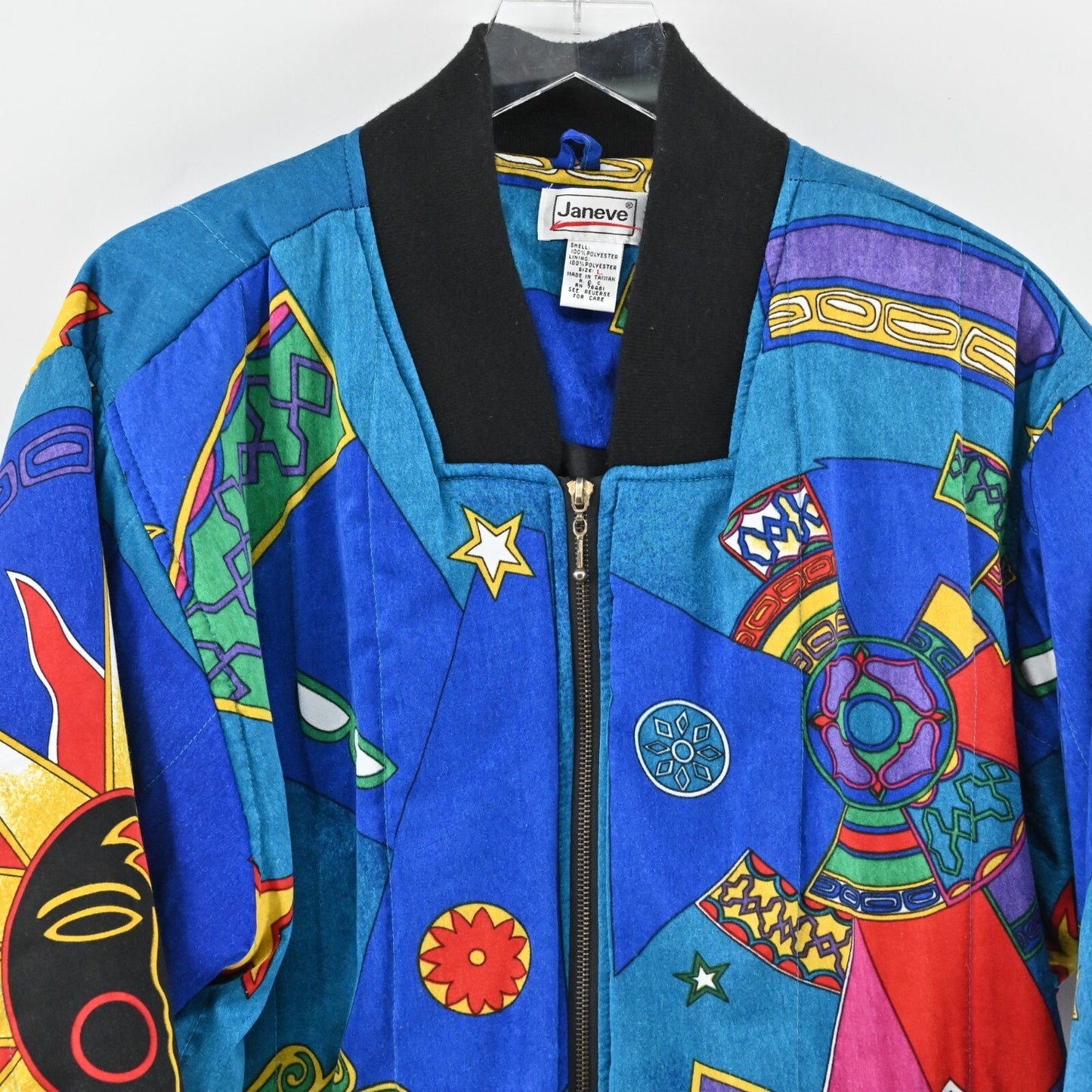 Vtg Bomber Jacket Womens Size L Dopamine Maximalist Sun Star Print Janeve Boho