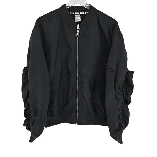 PINK Victorias Secret Jacket Womens Sz S Black Ruched Sleeve Varsity Logo Bomber