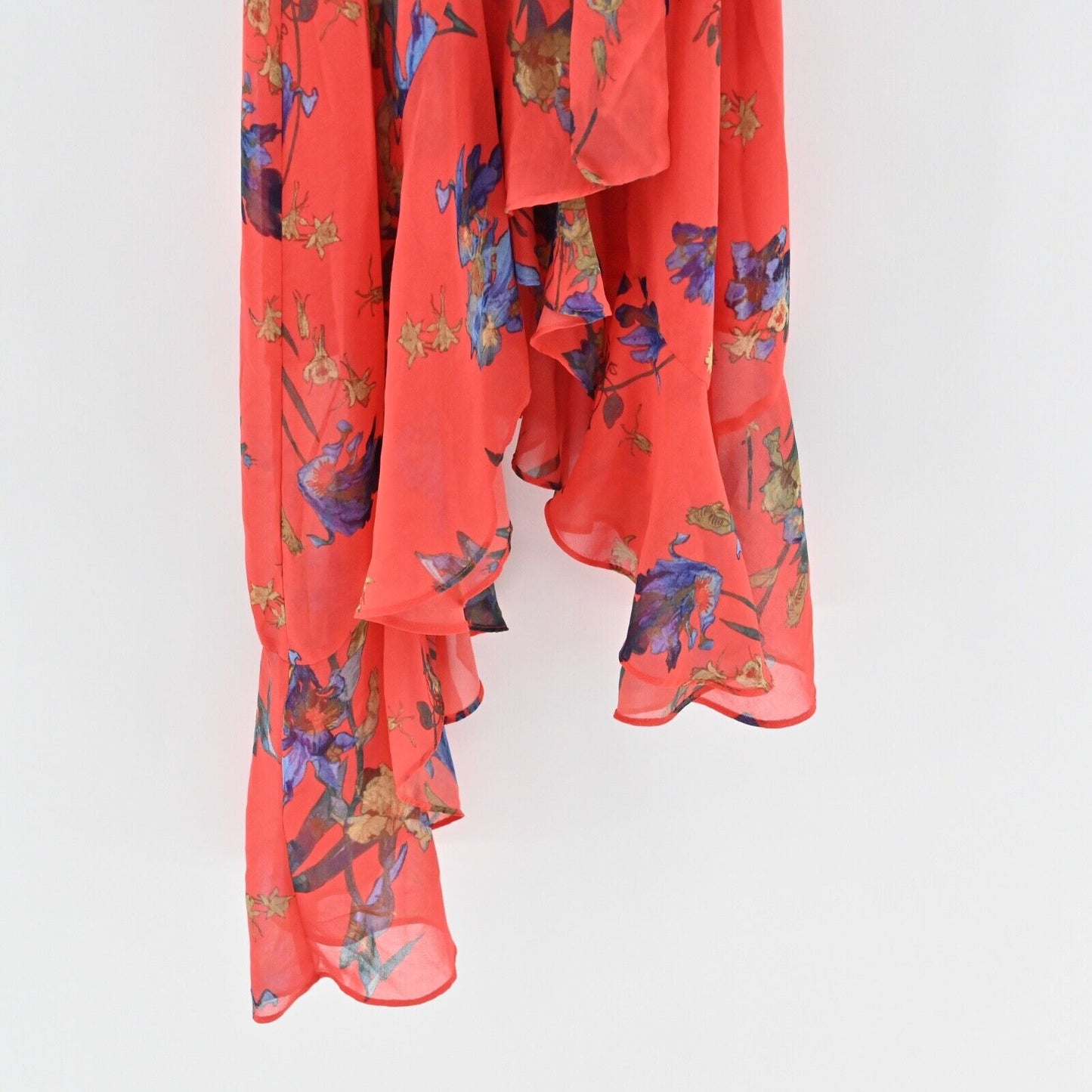 CECE Dress Sz 4 Red Floral Havana Fiesta Halter Tie Belt Asymmetric Ruffle Hem