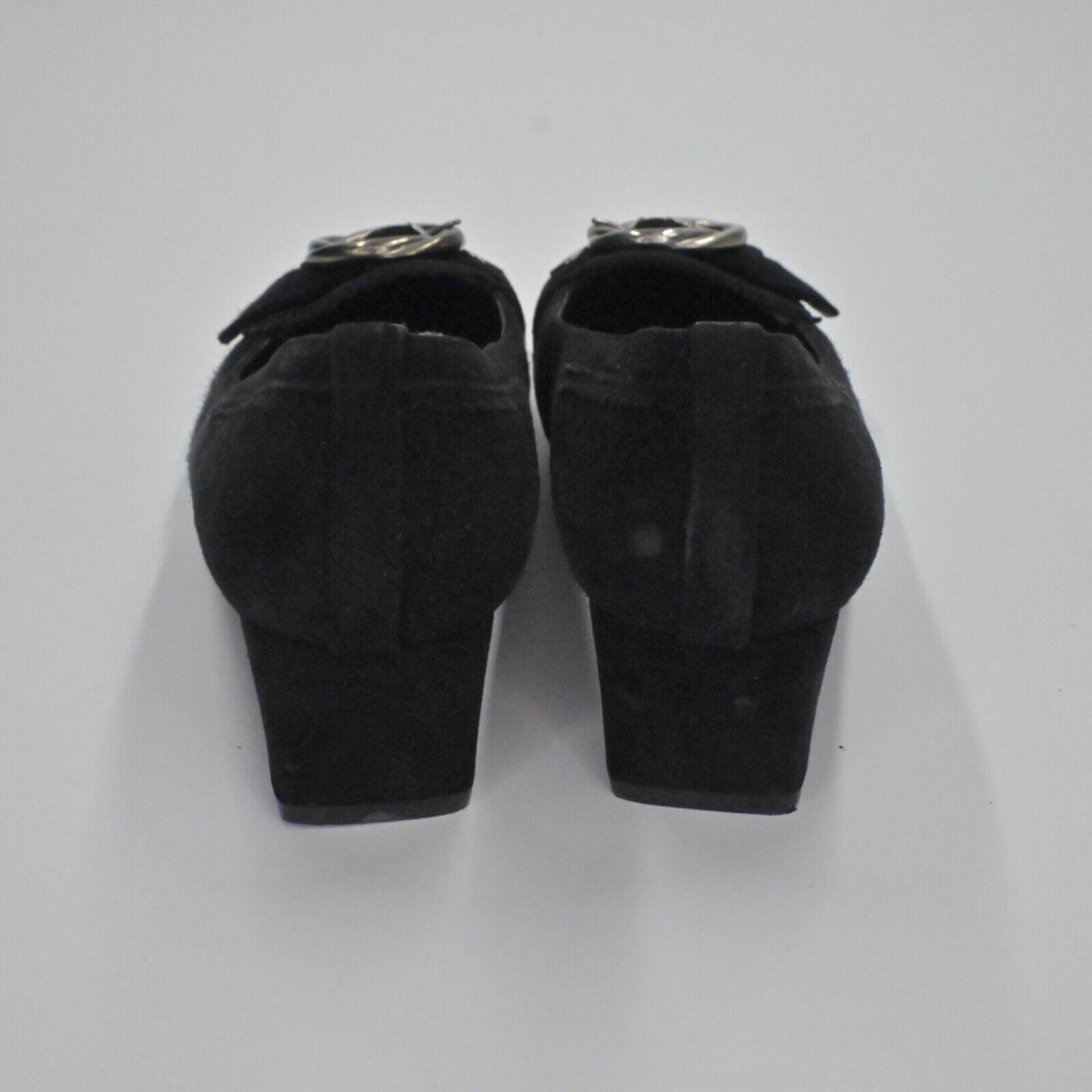 Vtg STUART WEITZMAN Pumps Womens Sz 5.5 Black Suede Buckle Square Toe Block Heel