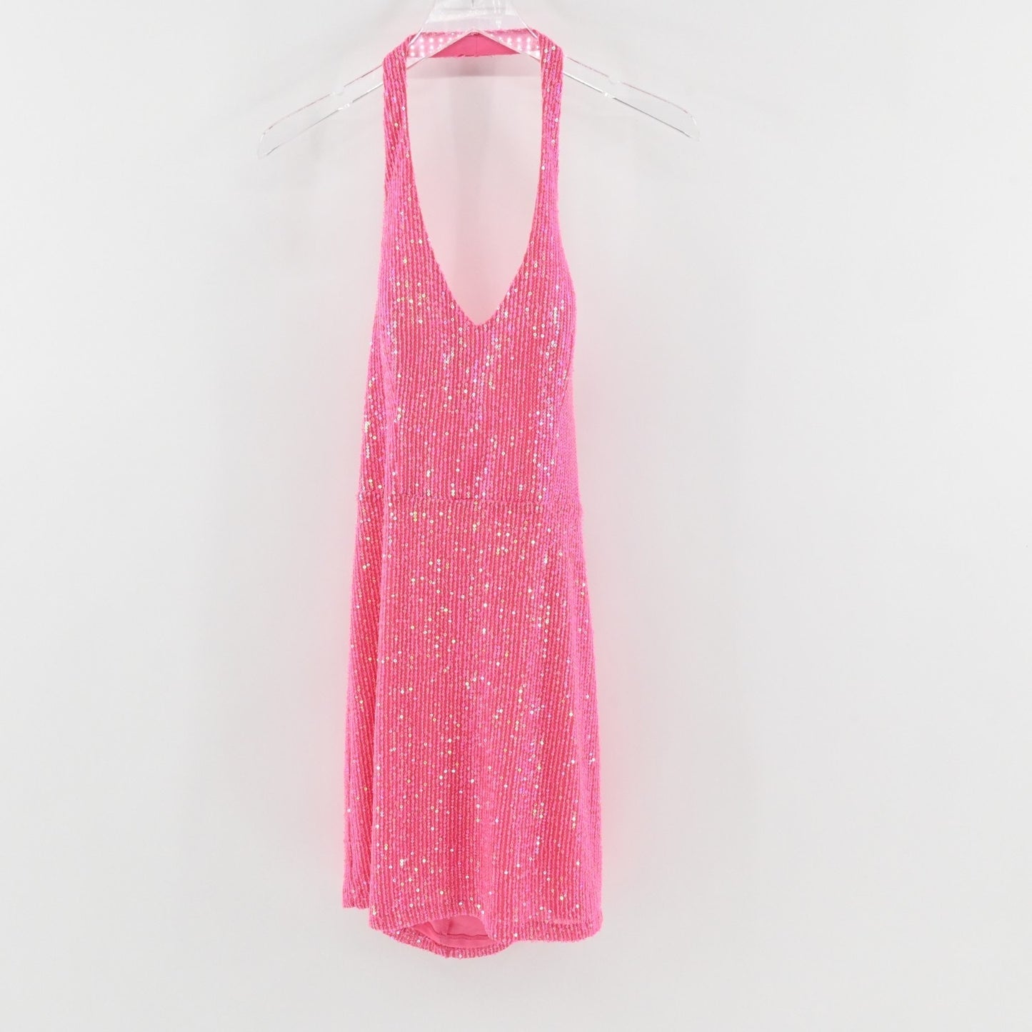 City Vibe Pink Sequin Dress Size 11 Sleeveless VNeck Mini Halter Sexy Barbie NEW