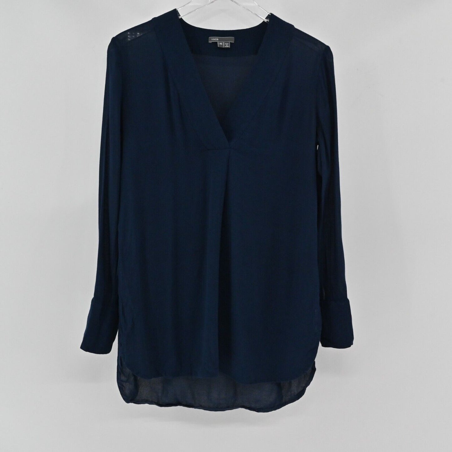VINCE Top Womens Sz XS Long Sleeve Dark Navy Blue Split Neck Lightweight Blouse