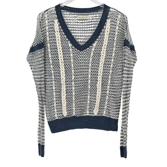 ABERCROMBIE FITCH Sweater Womens Size S Open Knit V Neck Long Sleeve Navy Ivory