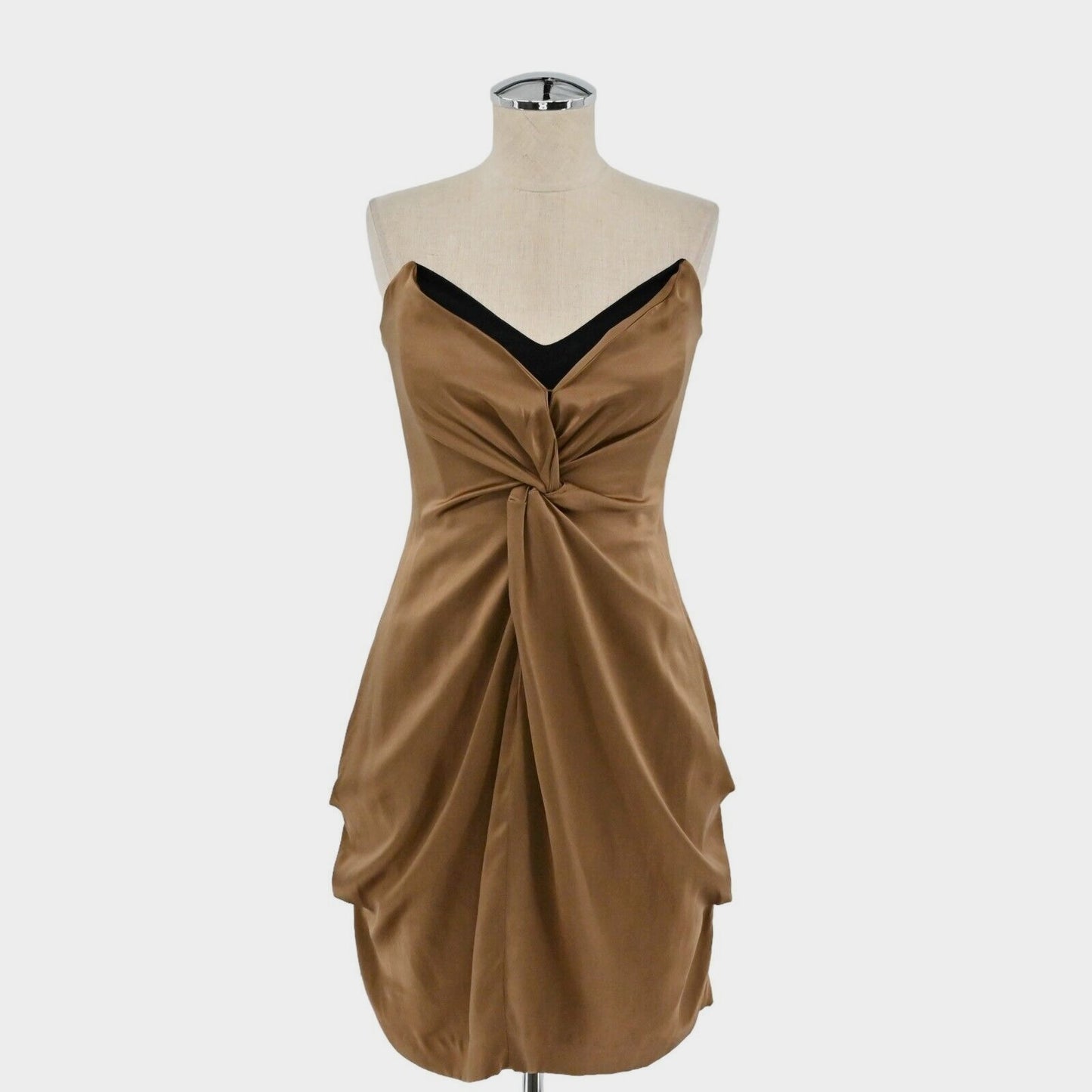 REISS Bronze Silk Dress Sz 6 Gold Strapless Bustier Twist Front Mini Party Retro