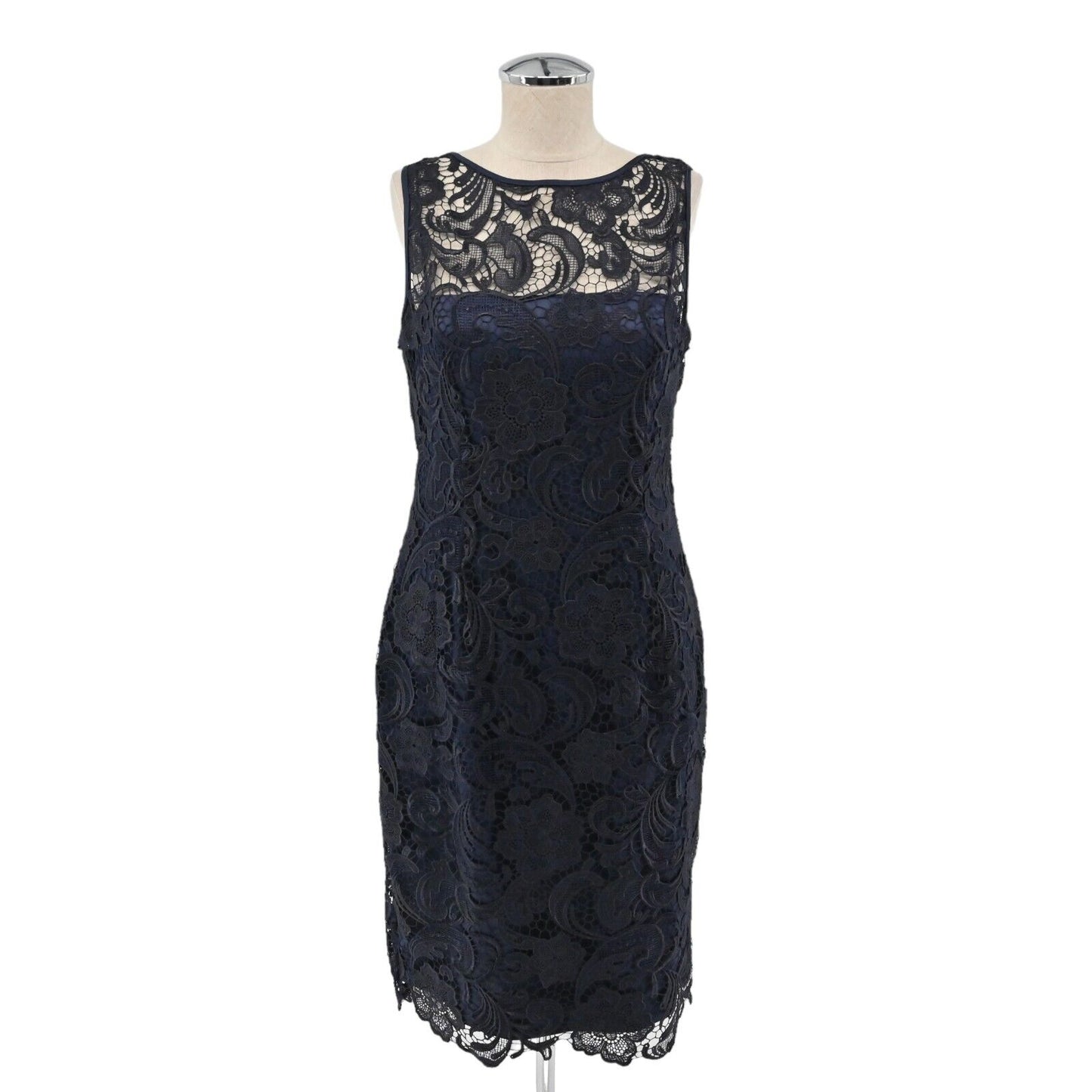 ADRIANNA PAPELL Dress Womens Sz 8 Black Blue Sheer Floral Lace Sleeveless Sheath