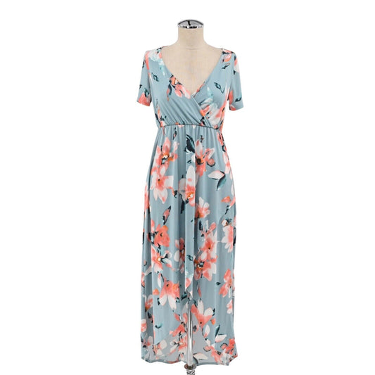 STORY Dress Womens Size S Blue Coral Summer Floral Maxi Hi Low Stretch Comfort