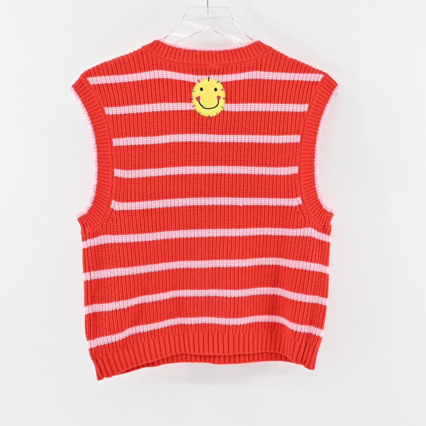 KERRI ROSENTHAL Sweater Vest Womens Siz M Red Pink Striped Heart Smiley Face NEW