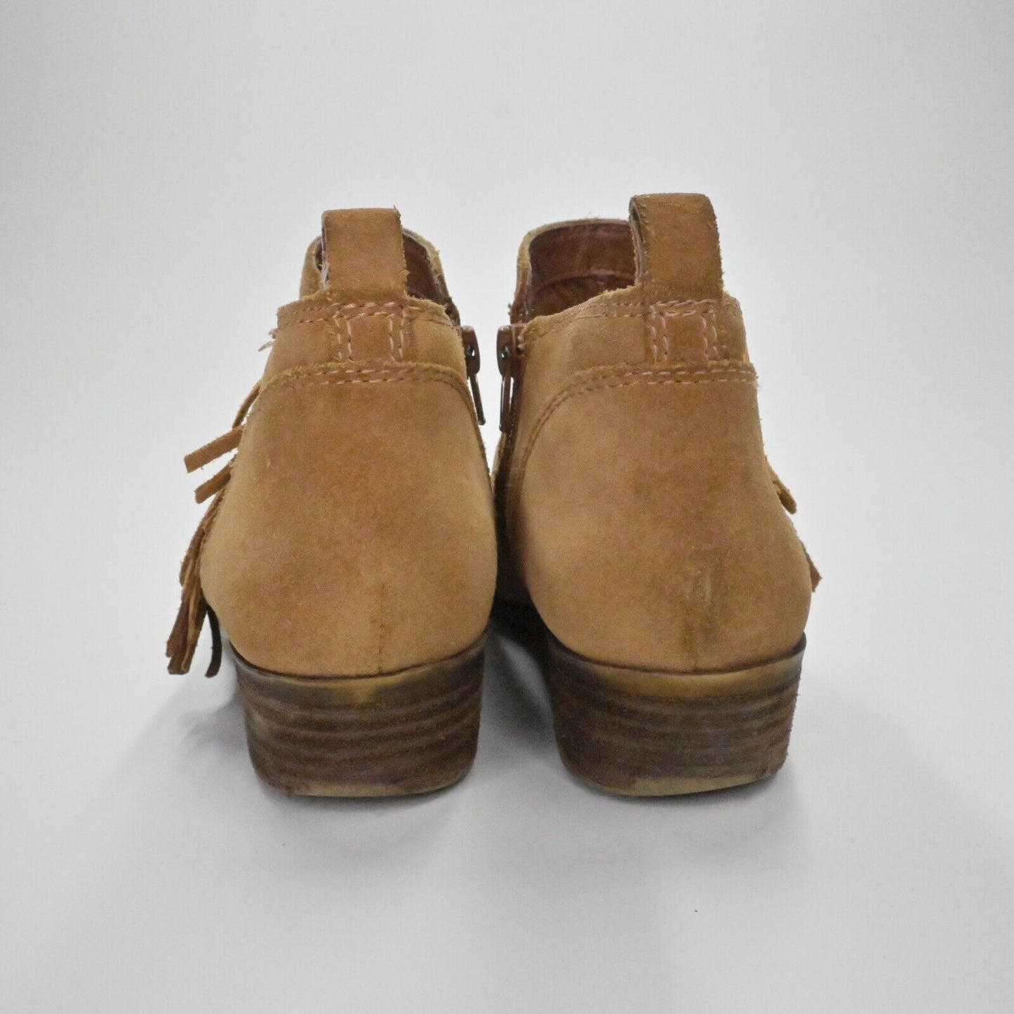 LUCKY BRAND Booties Womens Sz 6.5 Banji Ankle Fringe Stacked Heel Chestnut Brown