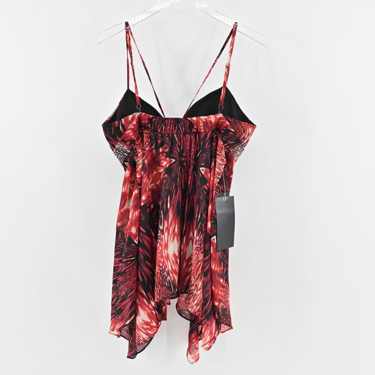 BEBE Top Womens Sz L Red Criss Cross Tunic Sleeveless Rhinestone Asymmetric NEW