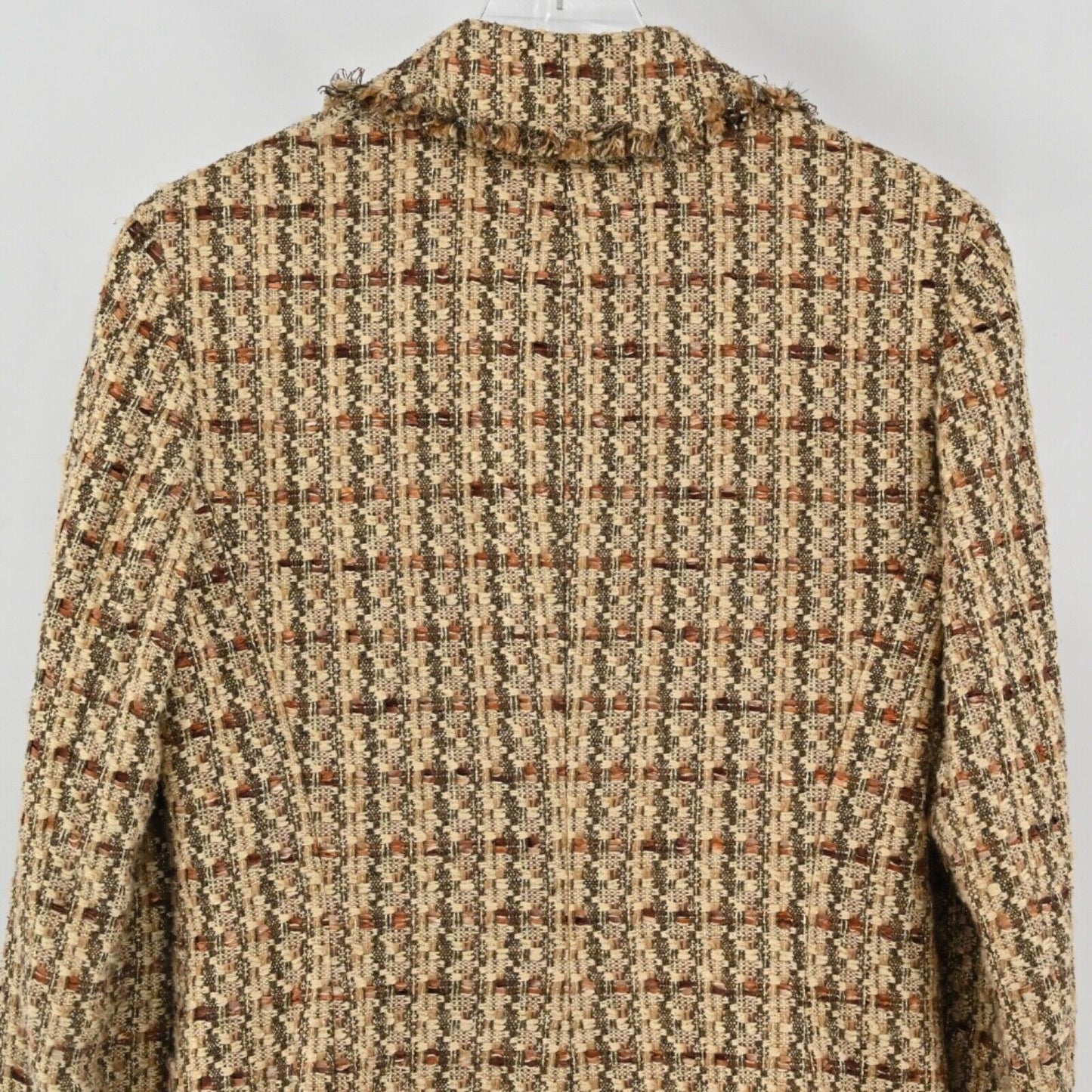Vtg DANA BUCHMAN Jacket Womens Size 6 Brown Metallic Plaid Tweed Fringe Snap 00s